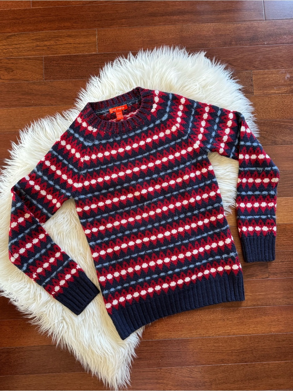 NWOT JOE FRESH geometric striped red,white and blue fair isle sweater size XS